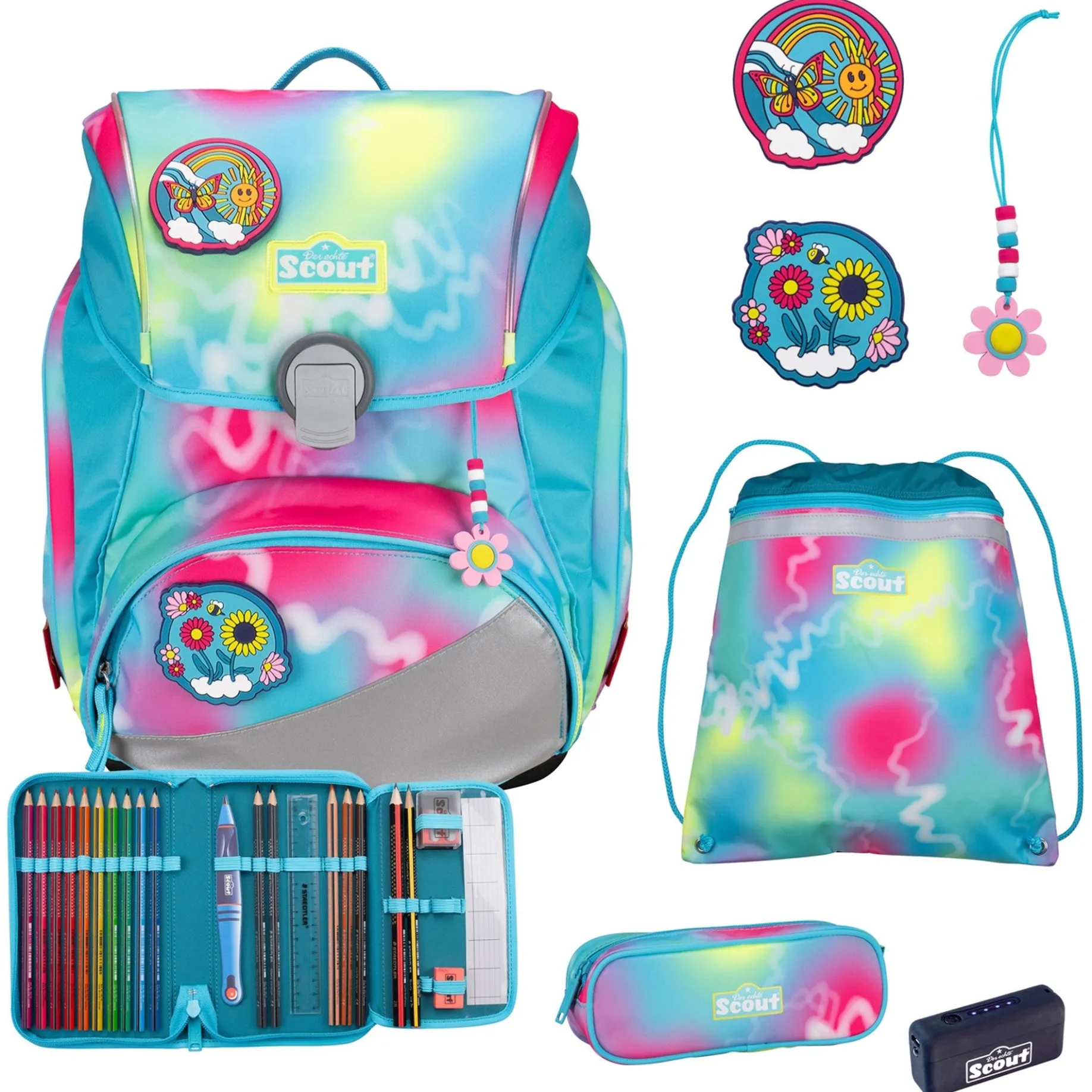 Alpha Exklusiv Safety Light - Schulranzen Set 5tlg. (Happy Rainbow)
