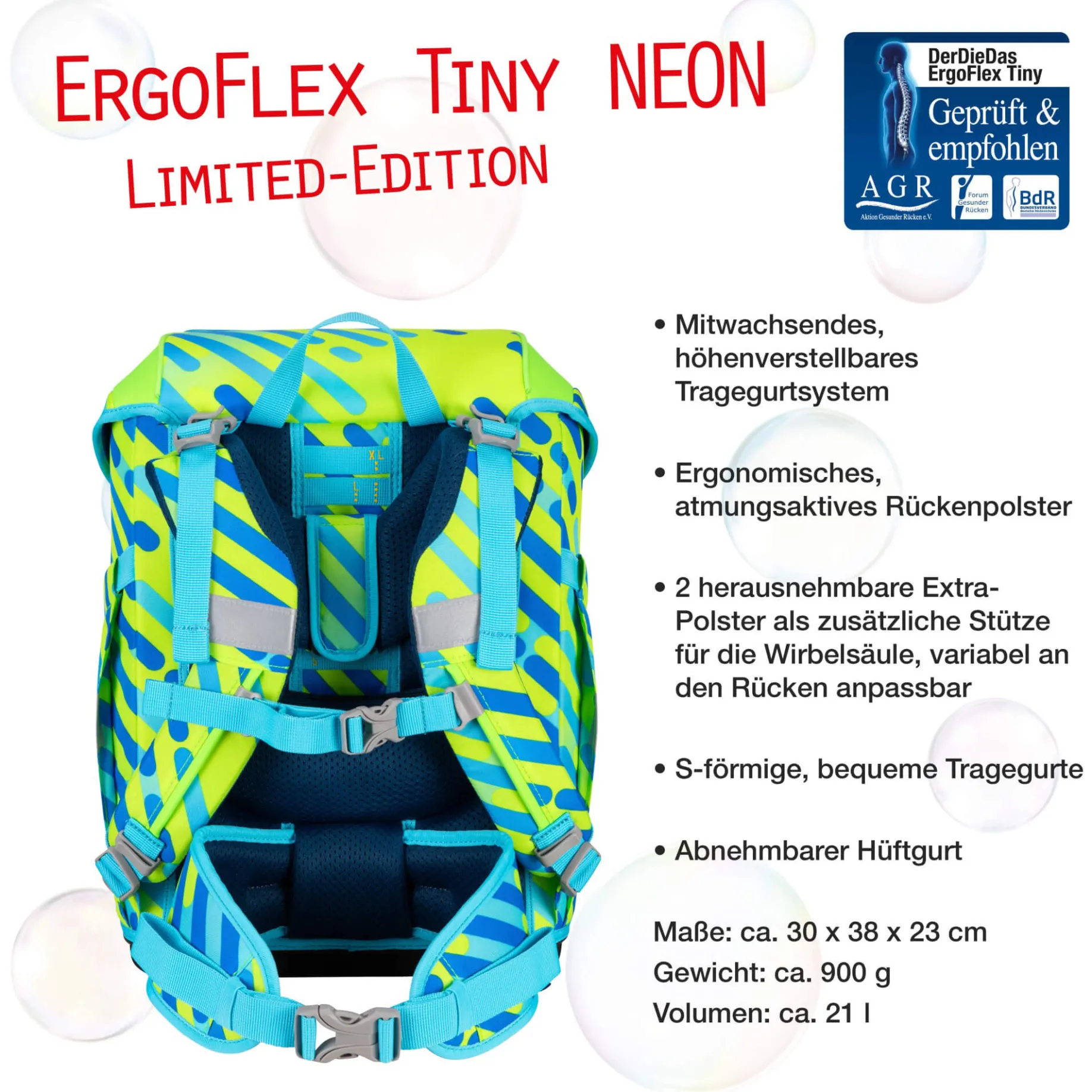 ErgoFlex Tiny Exklusiv Neon - Schulranzen Set 5tlg. 900g (Monster)