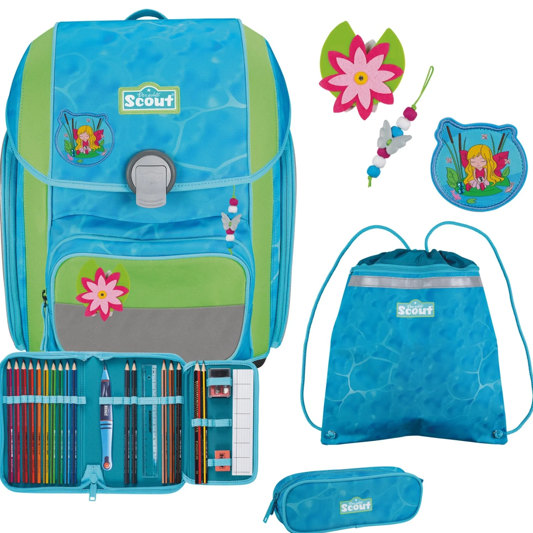 Genius DIN - Schulranzen Set 4 tlg. mit Turnbeutel (Water Lily)