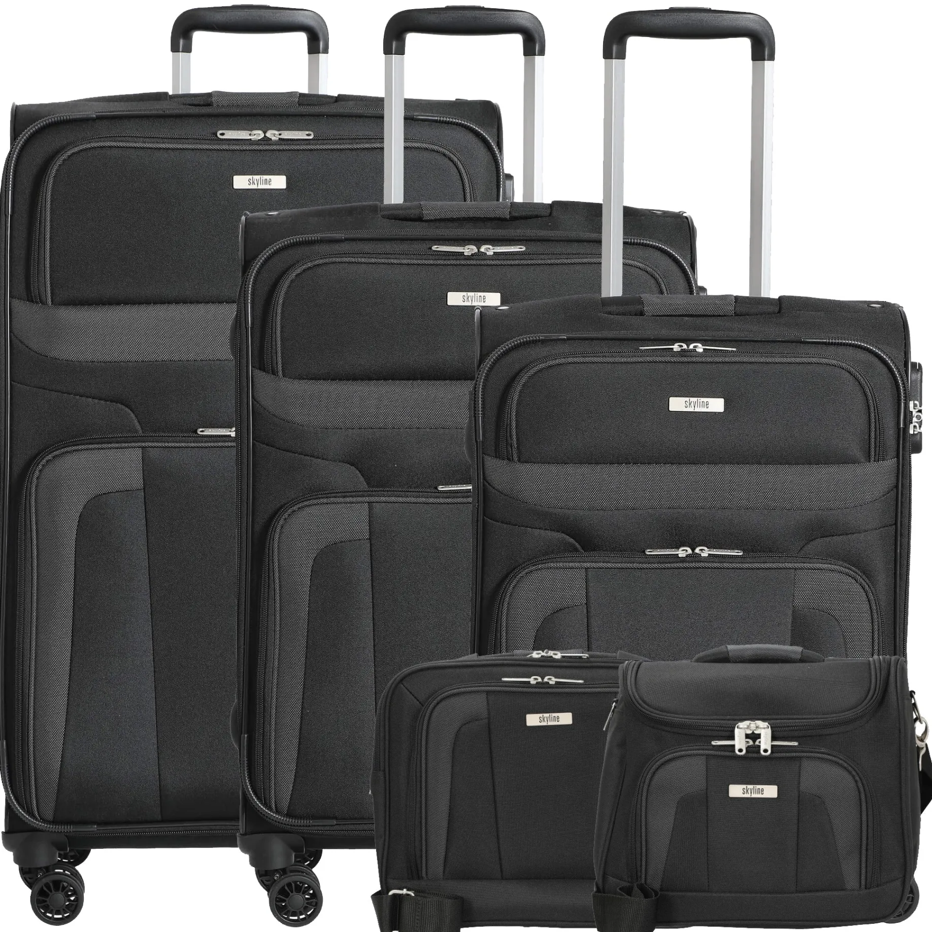 Orlando - 4-Rollen-Trolley Set L erw./M. erw./S + Boarding Bag + Beautycase 5tlg. (schwarz)