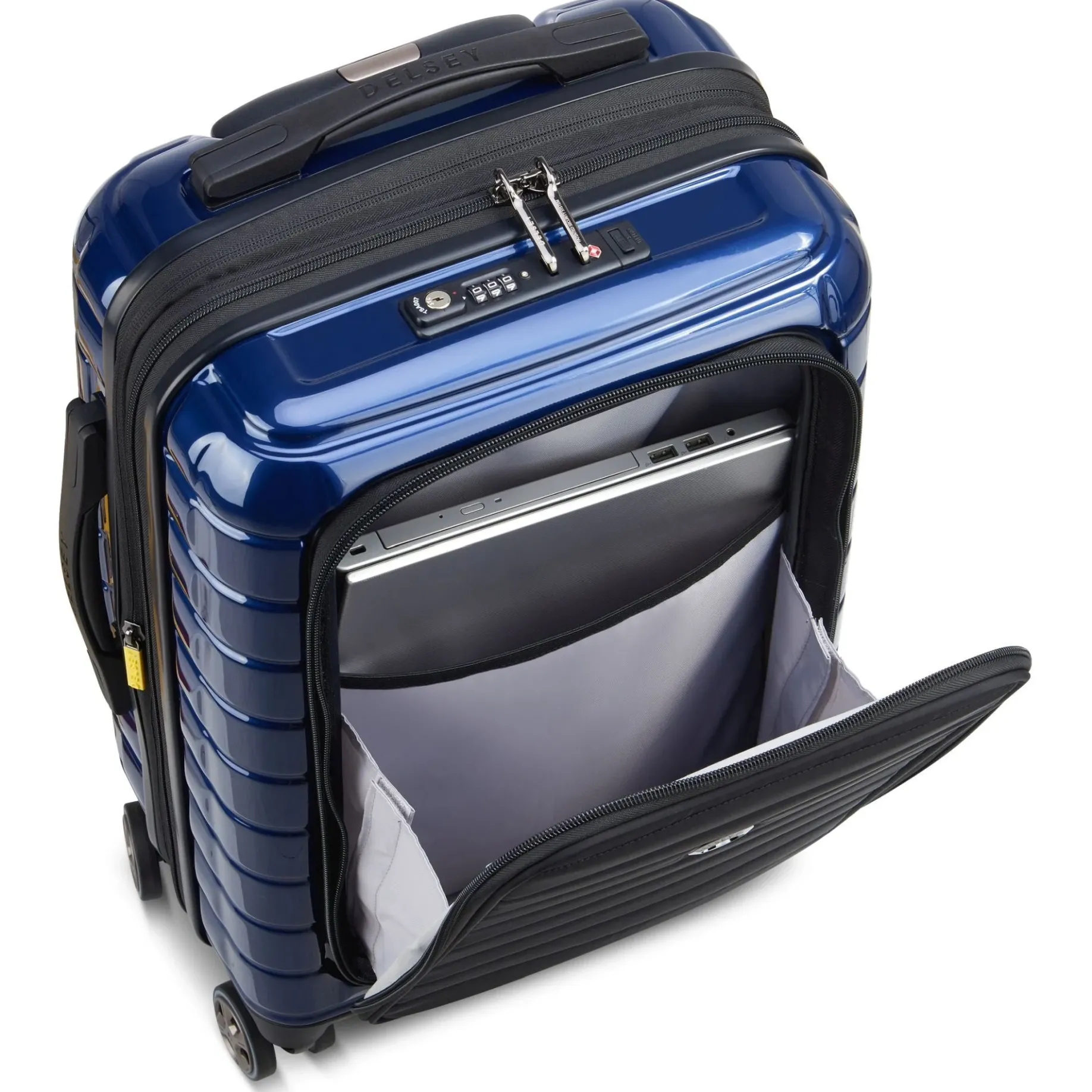 Shadow 5.0 - 4-Rollen-Kabinentrolley mit Vordertasche S 55 cm erw. USB (marineblau)